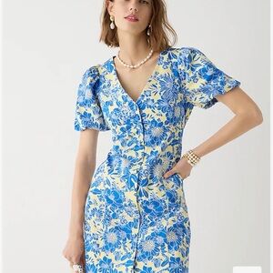 J. Crew Button-front puff-sleeve mini dress in blue floral twill